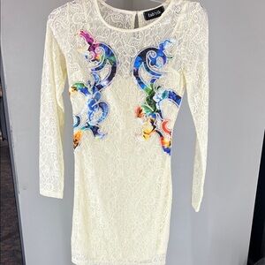 fab'rik Cream Lace Long Sleeve Dress with Multicolor Appliqué